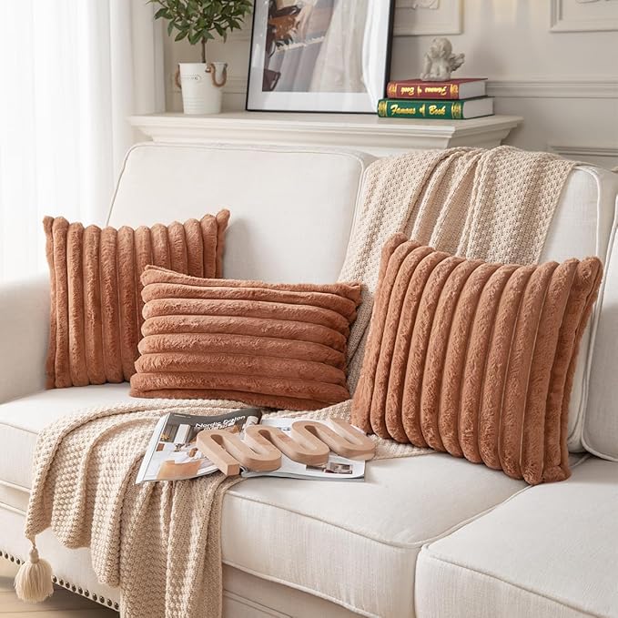 DEELAND Pack of 2,Double-Sided Faux Fur Plush Decorative Throw Pillow Covers Fuzzy Striped Soft Pillowcase Cushion Covers for Sofa Couch Bedroom Brown 22x22 inch