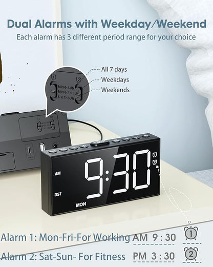 Alarm Clock for Bedroom Heavy Sleepers, Dual Alarms,Weekday/Weekend/Everyday,7.5''LED Large Display,5 Dimmer,Digital Clock with Snooze, 5 Volume,Type C & USB Chargers,Snooze,Battery Backup,Easy to Use