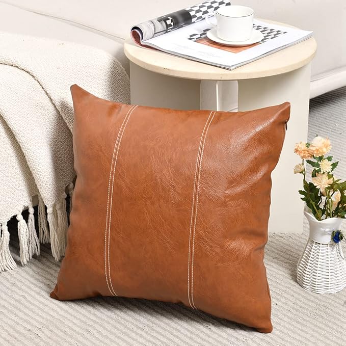 Fancy Homi 22x22 Pillow Covers, 2 Packs Brown Decorative Throw Pillow Covers 22x22 Inch for Couch Bed Bedroom Living Room, Cognac Brown Faux Leather Hand Stitched Square Cushion Case 55x55 cm