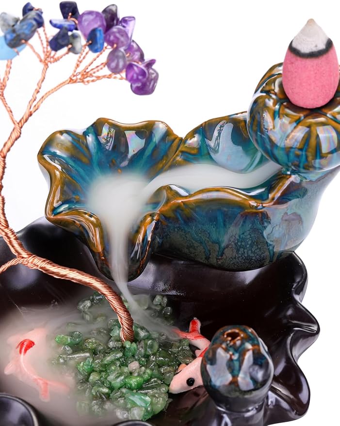 Jovivi Backflow Incense Burner Ceramic Incense Waterfall,7 Chakra Stones Healing Crystal Money Tree Incense Holder for Wealth, Good Luck, Yoga Meditation, Home Decor