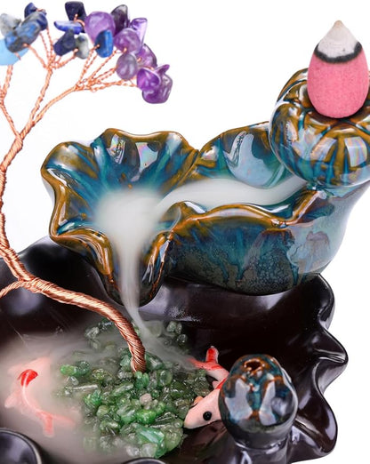 Jovivi Backflow Incense Burner Ceramic Incense Waterfall,7 Chakra Stones Healing Crystal Money Tree Incense Holder for Wealth, Good Luck, Yoga Meditation, Home Decor