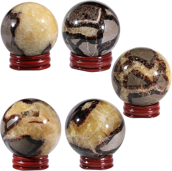 Nupuyai Natural Septarian Dragon Crystal Ball with Wooden Stand Healing Stone Sphere for Divination Fengshui Meditation Home Office Decor