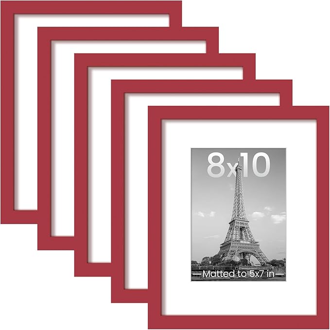upsimples 8x10 Picture Frame Set of 5, Display Pictures 5x7 with Mat or 8 x 10 Without, Wall Gallery Photo Frames, Red