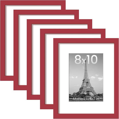 upsimples 8x10 Picture Frame Set of 5, Display Pictures 5x7 with Mat or 8 x 10 Without, Wall Gallery Photo Frames, Red