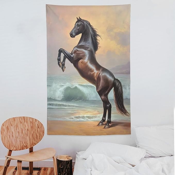 JYOUQOC Horse Animal Stands On The Beach Tapestry Large Wall Art Backdrop Flag Wall Hanging Decor for Living Room Bedroom Dorm Office 60"×90"