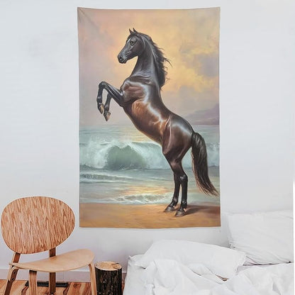 JYOUQOC Horse Animal Stands On The Beach Tapestry Large Wall Art Backdrop Flag Wall Hanging Decor for Living Room Bedroom Dorm Office 60"×90"