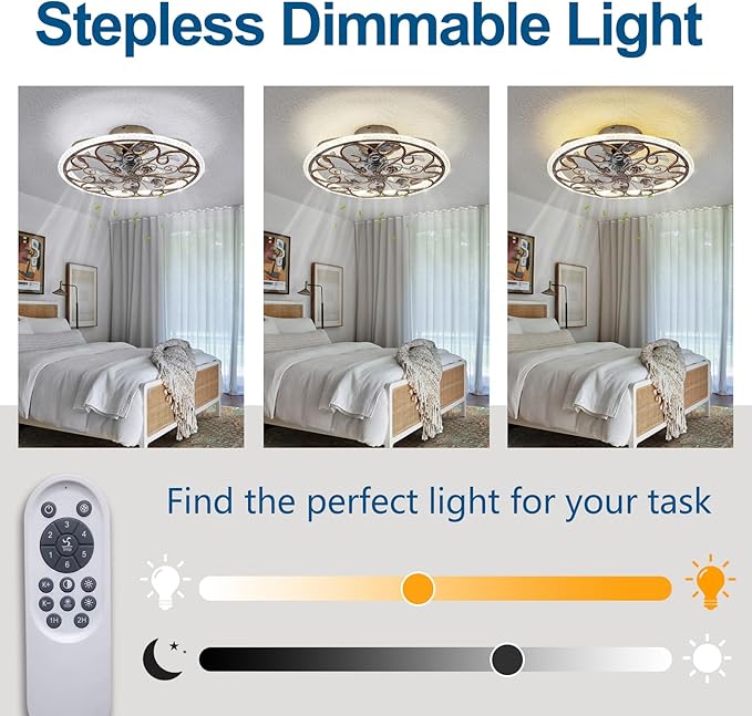 Black RusticCaged Ceiling Fan with Light, Industrial Flower Ceiling Fan with Lights and Remote, LED Low Profile Ceiling Light for Bedroom Kitchen Living Room