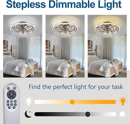 Black RusticCaged Ceiling Fan with Light, Industrial Flower Ceiling Fan with Lights and Remote, LED Low Profile Ceiling Light for Bedroom Kitchen Living Room