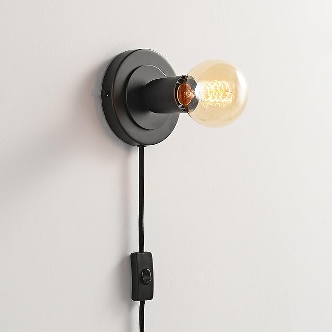 BRIGHTTIA Luna 1-Light Plug-in Wall Sconce - Mid Century Modern Minimalist Bedroom Home Office Lighting - Portable Wall Lamp for Apartments & Small Spaces with No J-Box - Matte Black (BW0026-1BP)