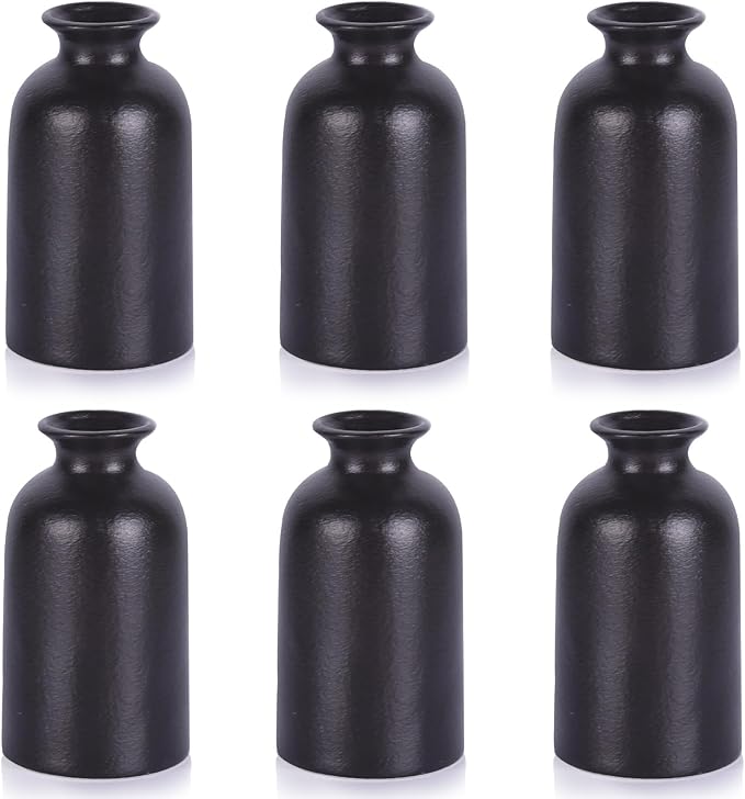Ceramic Bud Vases Set of 6, Black Bud Vase Set for Flowers Pampas Grass, Mini Pottery Vase with Minimalist Modern Rustic Style for Table Centerpieces of Home, Office, Wedding