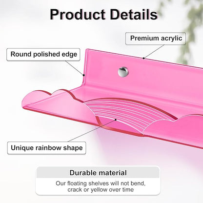 Rainbow Acrylic Floating Shelves, 15in Kids Wall Mounted Nursery Bookshelves, Display Ledge for Books Toys Cosmetic Storage, Bathroom Bedroom Living Room Wall Organizer, 4 Pack, Pink