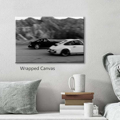 Black and White Photography Canvas Wall Art, Race Cars Aesthetic Poster, Trendy Classic Car Racing Photo Print Gift for Timeless Speed Enthusiasts, Man Cave Bedroom Wall Decor 16x24in Wrapped Canvas