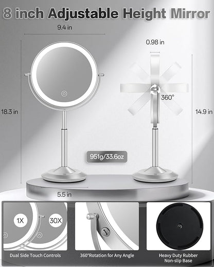VFD 30X/1X Makeup Mirror with Lights, Height Adjustable Lighted Magnifying Vanity Mirror with 3 Lighting and Adjustable Brightness, 3000mAh Rechargeable Double Sided Switch for Desk Women Gift