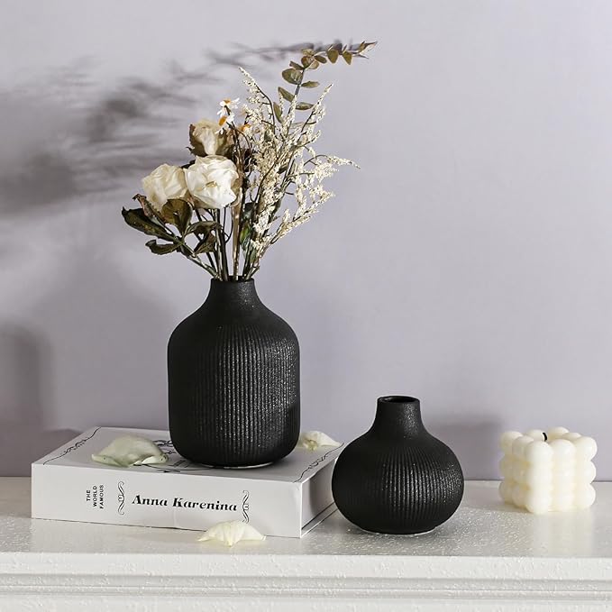 Dnnnii Modern Black Ceramic Vase Set of 3, Ribbed Texture Boho Minimalist Home Decor, Small Decorative Vases for Centerpiece, Shelf, Tabletop - Aesthetic Touch for Neutral & Transitional Spaces