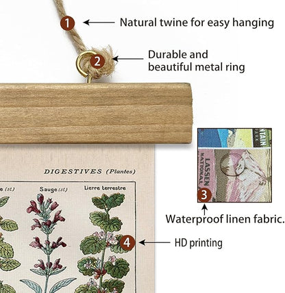 Vintage Spring Flower Poster Print, Botanical Educational Illustration, Rustic Wooden Hanger Frame, Linen Canvas Wall Art Decor, Farmhouse Cottagecore Style for Living Room Bedroom Office (16" x 23")