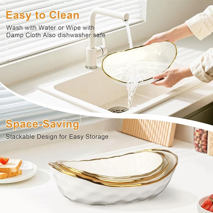 Ceramic Fruit Bowl for Kitchen Counter - 3 Tier Fruit Basket with Metal Stand, Tiered Fruit Stand for Countertop, Snack, Nuts, Cake, Dessert, Small & Cute (Gold&White)