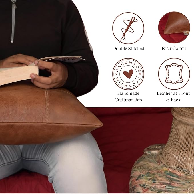 Genuine Lambskin Leather Pillow Cover, 22x22 Inch Case for Lumbar Throw Couch Pillows, Thick & Soft Cushion Covers for Sofa Bed Home Décor (Square Grid Antique Brown Pack of 2)