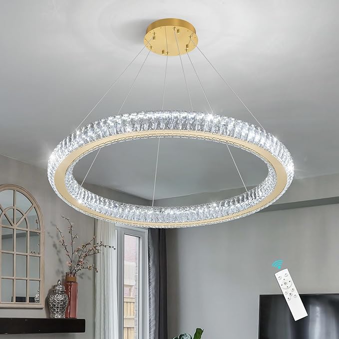 Modern Ring Chandelier LED Dimmable Living Room Chanderliers Entryway High Ceiling Crystal Ring Pendant Lights for Dining Room Bedroom Gold Interior Light