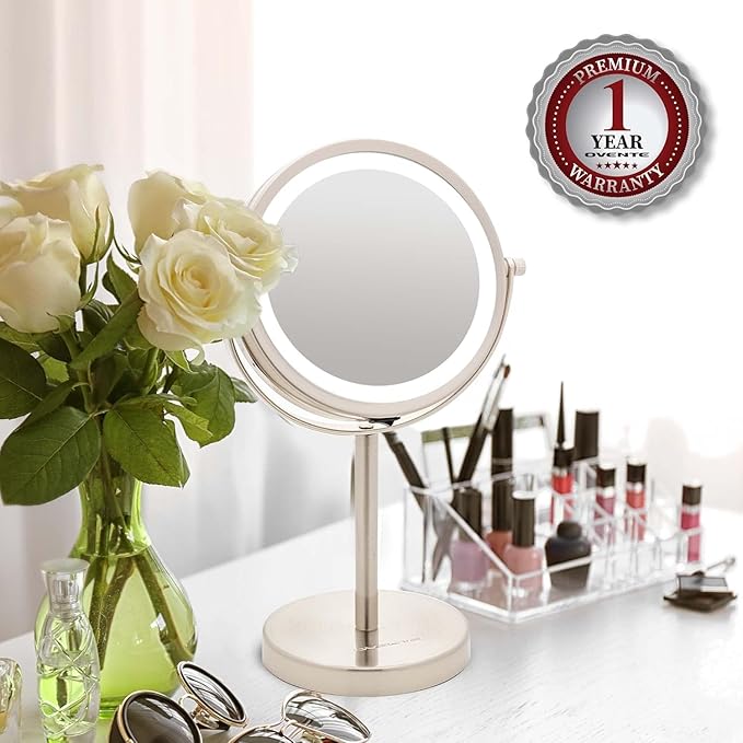 OVENTE 6" Lighted Makeup Mirror with 1X/7X Magnification, Cordless Tabletop Mount Vanity Round Mirror with 360° Swivel Design and Double Sided Cool Tone LED Ring Light, Nickel Brushed MLT60BR1X7X