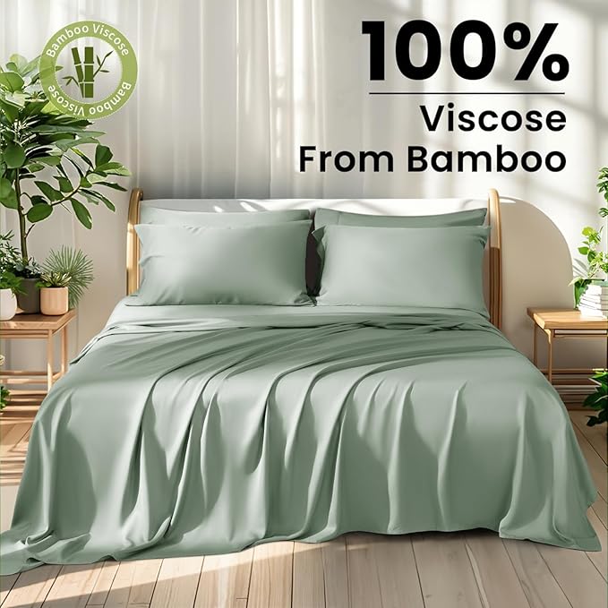 Shilucheng 100% Viscose Derived from Bamboo_ Sheets Queen Size 6pcs - Ultra Cooling & Silky Soft Bed Sheets, 16" Deep Pocket, Perfect for Hot Sleepers, Hotel Bedding Sheets (Sea Glass)