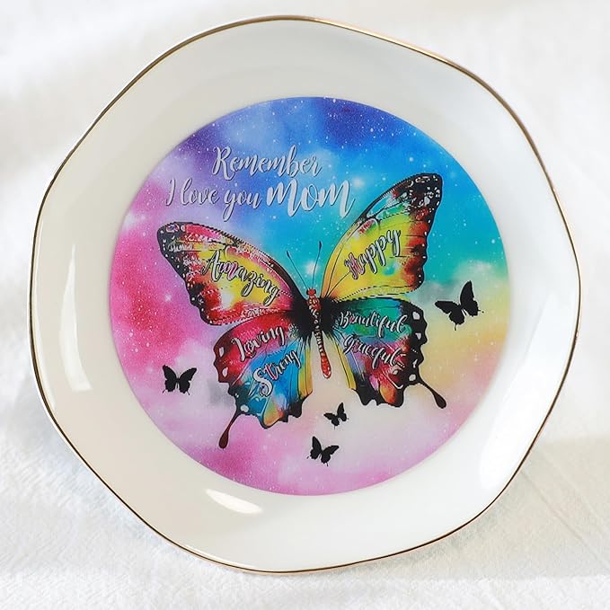 HOME SMILE Mother's Day Gifts for Mom Unique -I Love You Mom Jewelry Ring Dish Tray with Dynamic Butterfly Pattern Shifts for Mother