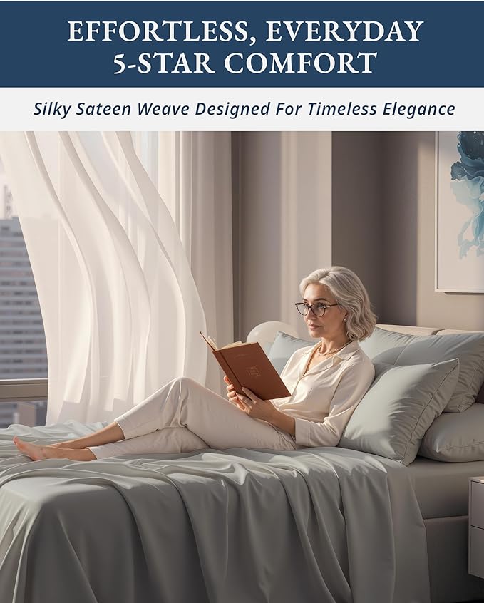 100% Egyptian Cotton Sheets Queen Size Set – Silky Sateen Weave for Winter Comfort, 15" Secure Fit Deep Pocket Queen Sheet Set, Naturally Breathable, Hotel-Quality Soft Luxury You Can Feel - Silver