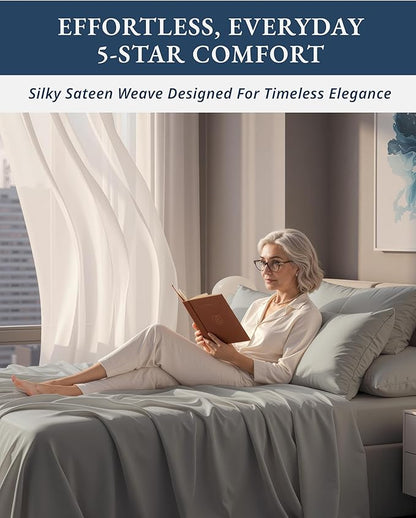100% Egyptian Cotton Sheets Queen Size Set – Silky Sateen Weave for Winter Comfort, 15" Secure Fit Deep Pocket Queen Sheet Set, Naturally Breathable, Hotel-Quality Soft Luxury You Can Feel - Silver