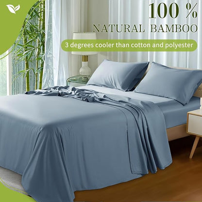 Shilucheng 100% Viscose Derived from Bamboo Queen Size 4pcs Ultra Cooling & Silky Soft Bed Sheets, 16" Deep Pocket, Perfect for Hot Sleepers, Hotel Bedding Sheets (French Blue)