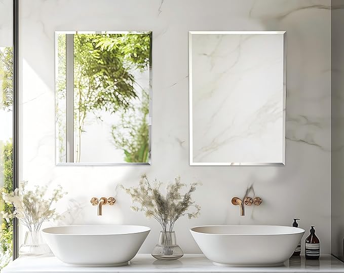 Frameless Rectangular Wall Mirror: Decorative Rectangle Mirrored Glass Vanity with Beveled Silver Edge for Bathroom Bedroom Livingroom Dining Room Entryway Hallway, 32 x 24 inch