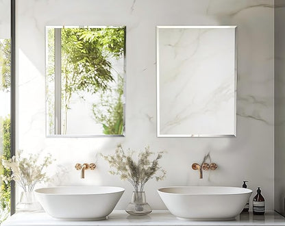 Frameless Rectangular Wall Mirror: Decorative Rectangle Mirrored Glass Vanity with Beveled Silver Edge for Bathroom Bedroom Livingroom Dining Room Entryway Hallway, 32 x 24 inch