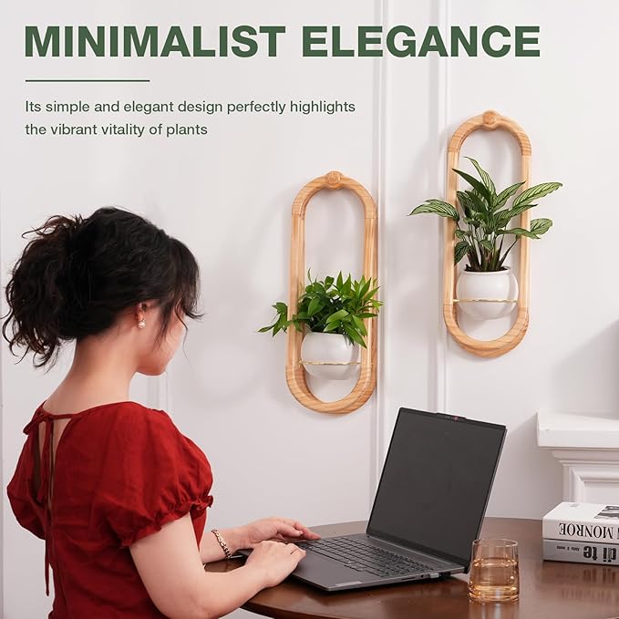 Wooden Wall Planters for Indoor with Ceramic Pot - Modern Hanging Plant stand Shelf for Indoor Plants, Wall Mounted Plant Holder for Living Room, Bedroom, Wall Decor - Raw Wood Color (Set of 2)
