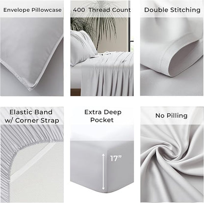 Luxury Bamboo Market | Queen Size Bed Sheet Set | 100% Viscose Made from Bamboo | Organically Grown | Ultra Soft | Cooling Sheets for Hot Sleepers | 17" Deep Pocket [Dove Grey]