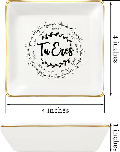 JoycuFF Christian Gifts for Girls Women Religious Ceramic Trinket Dish Tray for Womens Inspirational Faith Easter Catholic Christian Jewelry, Meaningful Communion Baptism Tu Eres
