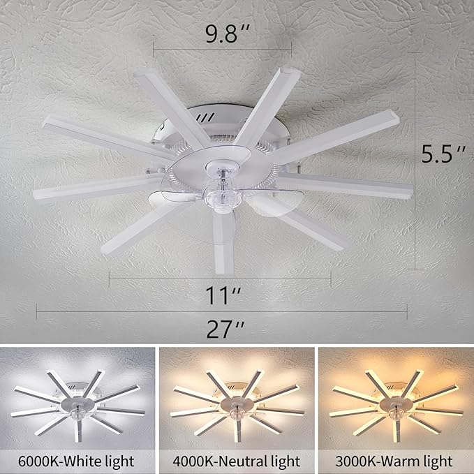 HuixuTe 27" White Straight Strip Geometric Ceiling Fan with Lights, 3 Colors 6 Speeds Low Profile Ceiling Fan with Light for Kitchen Bedroom