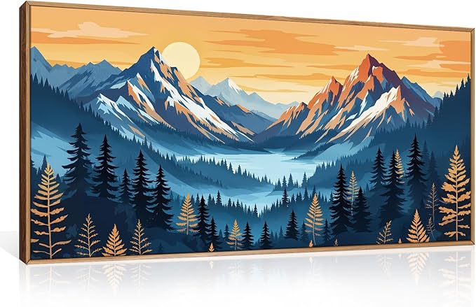 HLNIUC Boho Abstract Blue Orange Mountain Wall Art Framed, Large Pine Tree Ridge Wall Decor (20"x40"), Sunset Forest Landscape Canvas Painting, Nature Prints for Living Room, Bedroom, Office