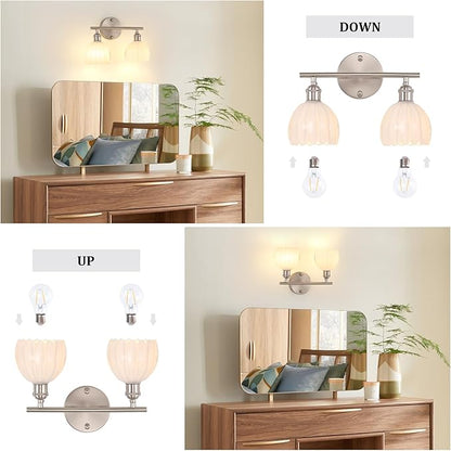 Bathroom Light Fixtures, 2-Light Vanity Wall Light Over Mirror with White Tulip Glass Shade for Bedroom Living Room (Bulb Not Included), Satin Nickel