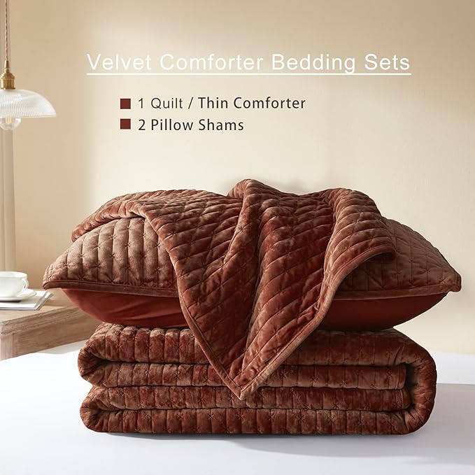 LEAONME Velvet Quilt Set Full/Queen Size 90''x98'', Lightweight Burnt Orange Velvet Comforter Set with 2 Matching Shams, Soft Cross Stitch Bedspread Coverlet Bedding Set for All Season