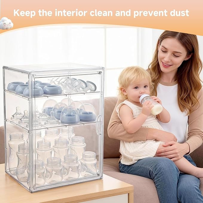 Baby Bottle Organizer, 3 Tiers Adjustable Clear Acrylic Baby Bottle Storage Organizer with 3 Removable Dividers and Magnetic Door, Suitable for Countertop and Kitchen