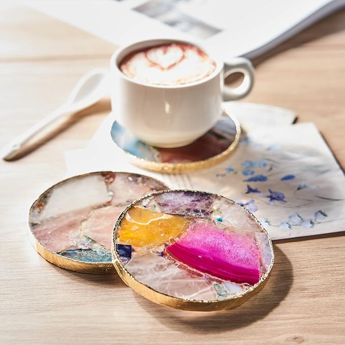 Rainbow Agate Coasters Set of 4, Natural Crystal Coaster for Drinks, Geode Gemstone with Gold Edge, Agate Slice Stone Coaster for Coffee Table, Wooden Table, Home Decor