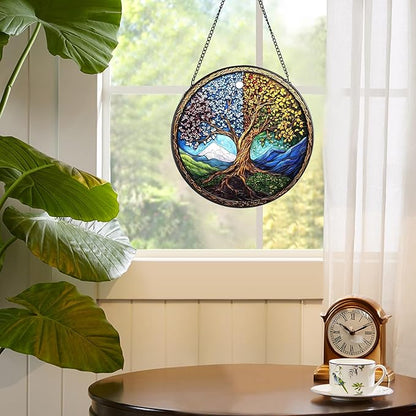 Tree of Life Stained Glass Window Hanging, 7.8" Round Sun Catcher Hand Painted Wall Art Decor with Chain, Unique Housewarming Gifts for Couples, Home