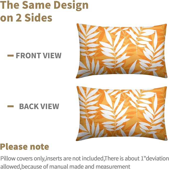 Fall Leaf Pillow Covers 12x20 Set of 2 Orange White Seasonal Autumn Leaves Rustic Decorative Lumbar Throw Pillows Outdoor Pillowcase Farmhouse Linen Cushion Case Decor for Home Sofa Couch Bed