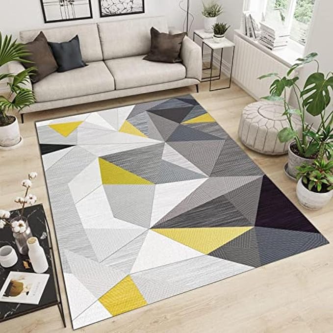 Abstract Yellow White Geometry Area Rug, Line Geometry Art Home Decor Rug, Easy Clean Carpet for Living Room Bedroom Kitchen Dining Room Home Office Floor Rug 8ftx10ft