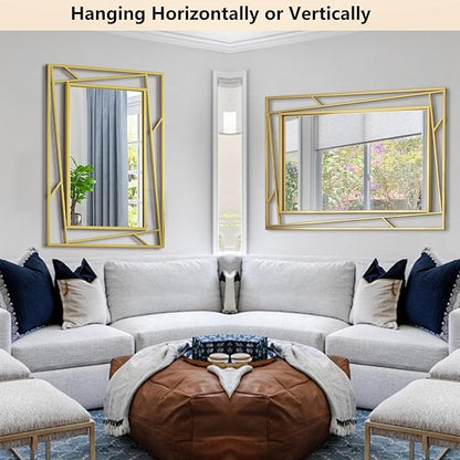 Brushed Gold Bathroom Mirror, 48''X24'' Rectangular Wall Mirrors with Geometric Metal Frame for Bathroom Bedroom Living Room, Hang Horizontally or Vertically