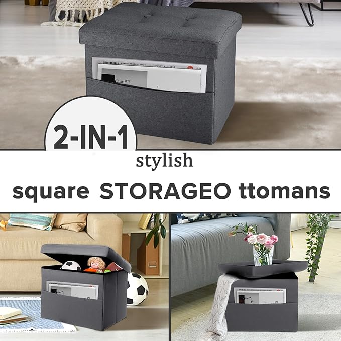 LINMAGCO Storage Ottoman Folding Foot Stool Foot Rest with Side Pocket Modern Ottoman with Storage Short Sofa Stool Linen Cloth 17x13x13(Dark Gray)