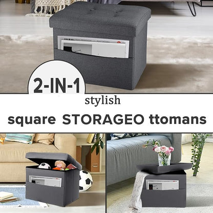 LINMAGCO Storage Ottoman Folding Foot Stool Foot Rest with Side Pocket Modern Ottoman with Storage Short Sofa Stool Linen Cloth 17x13x13(Dark Gray)