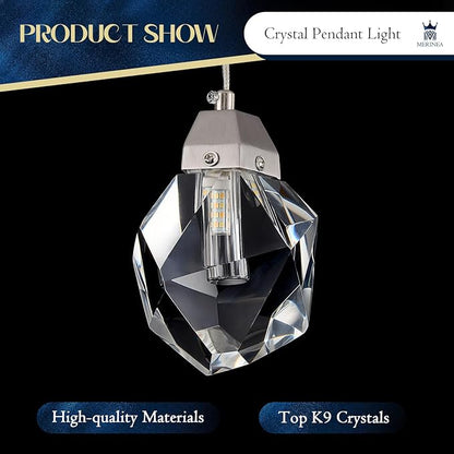 Crystal Pendant Light, 1-Light Mini Diamond Prism Hanging Ceiling Light with Brushed Nickel Finish, Color Changing LED Small Chandelier for Kitchen Island, Dining Room, Bedroom, Hallway, Bar