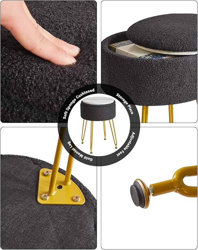 IBUYKE Teddy Velvet Storage Footrest Stool Ottoman, Makeup Vanity Stool Side Table with Removable Cover, Golden Steel Legs, Coffee Table Top Cover, Black WBD010B