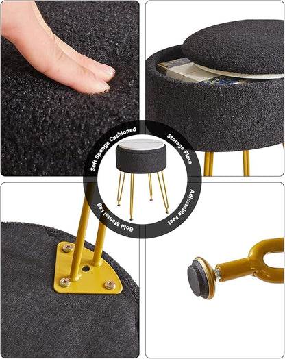 IBUYKE Teddy Velvet Storage Footrest Stool Ottoman, Makeup Vanity Stool Side Table with Removable Cover, Golden Steel Legs, Coffee Table Top Cover, Black WBD010B