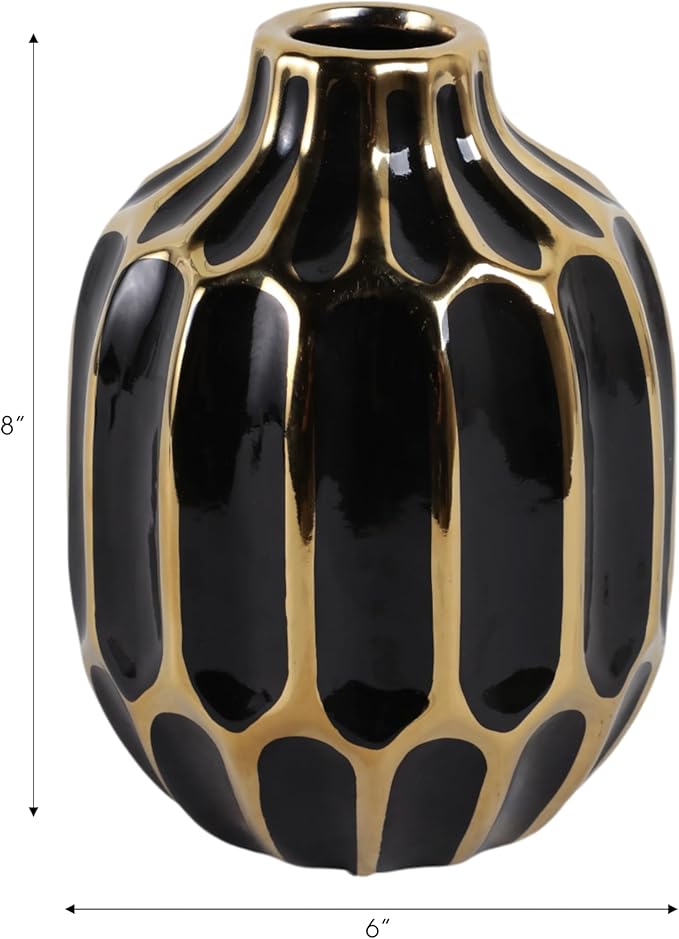 Elegant Ceramic Vase for Living Room Decor and Home Decor Accent - Modern Decorative Flower Vase for Room, Bedroom, or Office Desk - Designed for House and Table Decor - 8", Black & Gold