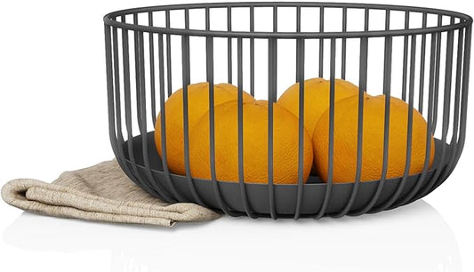Fruit Basket - Scandinavian Minimal Design - Metal Steel Wire Decor Basket with Removable Tray for Easy Cleaning - Round Basket Bowl for Kitchen Counter - 25cm - Black - Set of 1